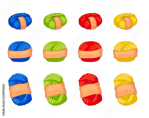 Twelve balls of yarn, oval and circle forms in paper wrapper. Four colors red, blue, green, yellow. Wool thread skein icon for handmade shop and other knit design project. Cute Vector Collection.