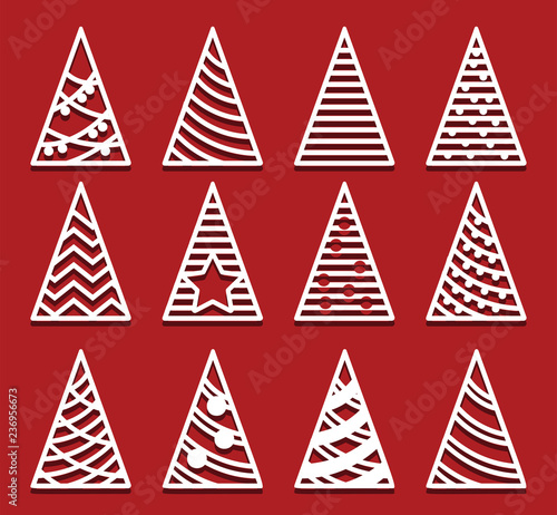 Christmas trees for laser cutting. New Year card. Twelve Simple Abstract triangle shapes.