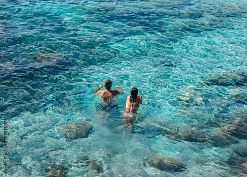 Wallpaper Mural Happy couple swimming in the transparent turquoise sea. Torontodigital.ca