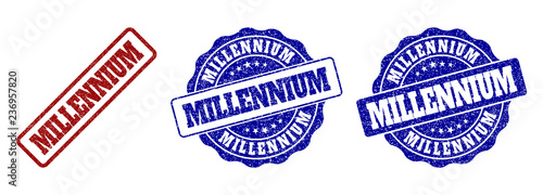 MILLENNIUM grunge stamp seals in red and blue colors. Vector MILLENNIUM labels with draft surface. Graphic elements are rounded rectangles, rosettes, circles and text captions.