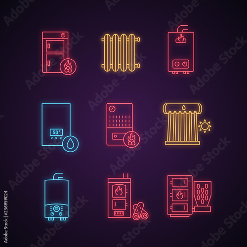 Heating neon light icons set