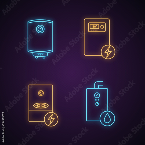 Heating neon light icons set