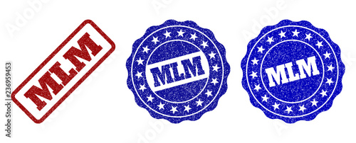 MLM grunge stamp seals in red and blue colors. Vector MLM labels with grunge texture. Graphic elements are rounded rectangles, rosettes, circles and text labels. Designed for rubber stamp imitations.