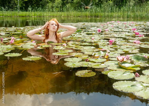 sch  ne junge sexy rothaarige Frau Seejungfrau reckt sich sinnlich sensibel verf  hrerisch im Wasser  See  Teich  mit rosa Seerosen und streicht sich durchs Haar
