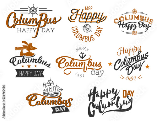 Happy Columbus Day logo sign flat set