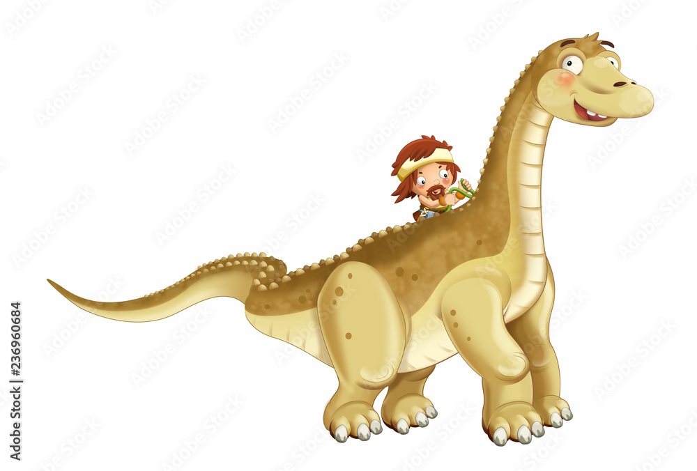 Naklejka premium cartoon happy scene with caveman man on diplodocus on white background - illustration for children