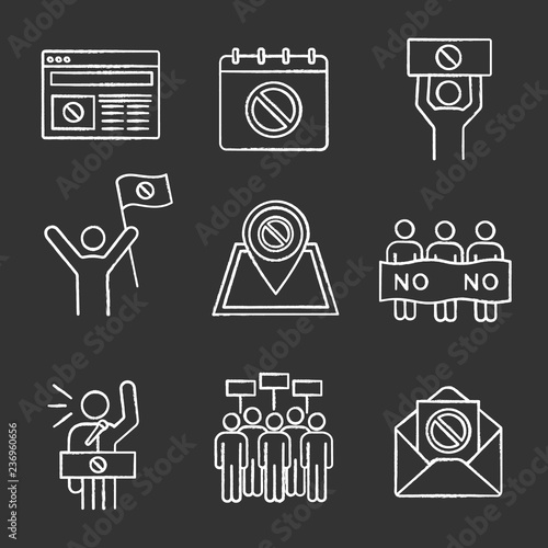 Protest action chalk icons set
