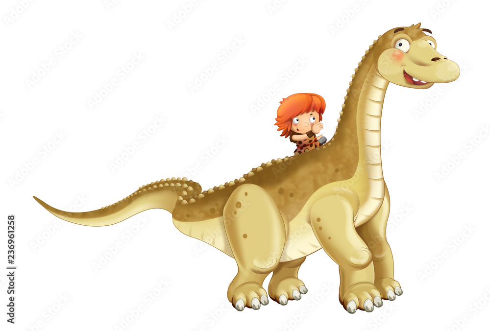 cartoon happy scene with caveman man on diplodocus on white background - illustration for children cartoon happy scene with caveman man on diplodocus on white background - illustration for children