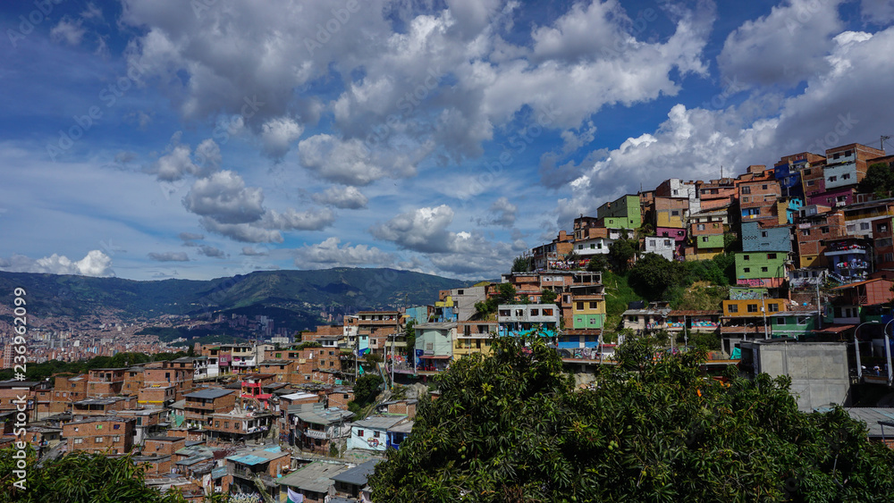 Panorama of the colorful houses in the Comuna 13 in Medellin, Colombia