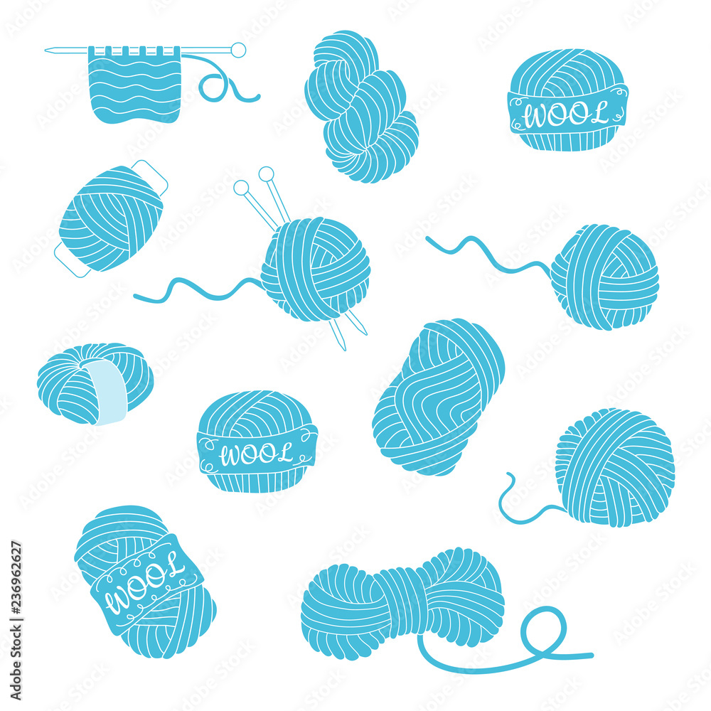 Collection of hand drawn light blue balls of yarn for knitting on white background Collection of hand drawn light blue balls of yarn for knitting on white background