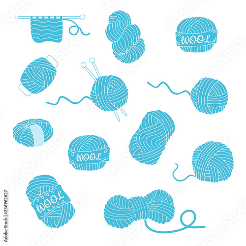 Collection of hand drawn light blue balls of yarn for knitting on white background