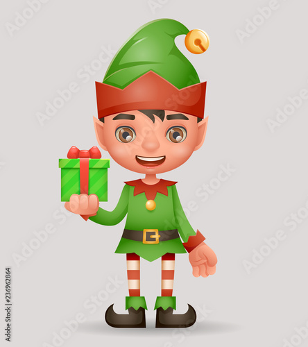 Gift box give away bestow christmas elf boy santa claus helper new year 3d cartoon character design vector illustration