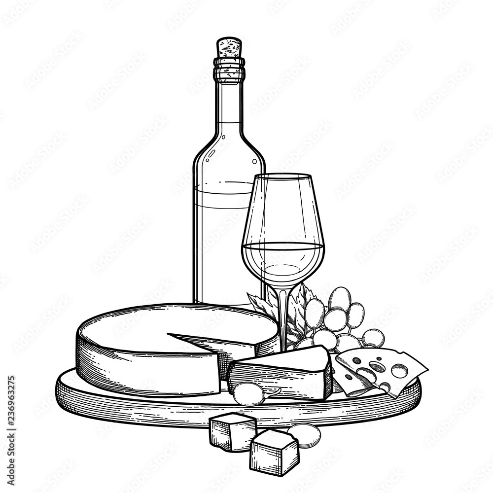 Graphic bottle and glass of wine with camembert cheese and grapes Stock