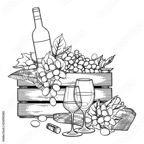 Graphic box of bottle and grapes, wine glasses