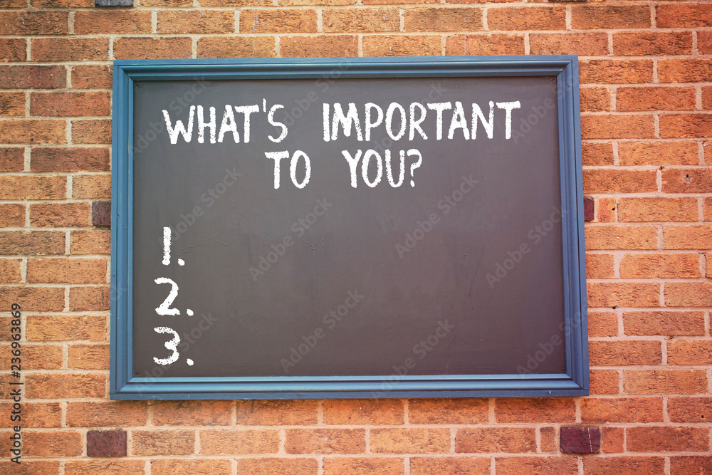 Fototapeta premium Word writing text What S Is Important To Youquestion. Business concept for Tell us your priorities goals objectives