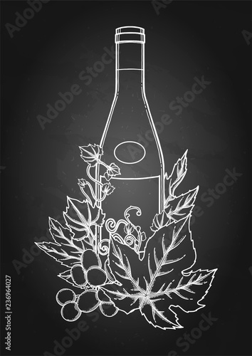 Graphic bottle of wine decorated with grape leaves and berries