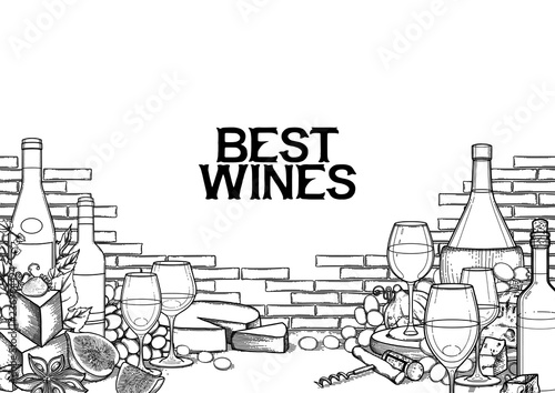 Graphic wine glasses and bottles decorated with delicious food