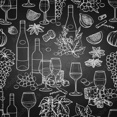 Graphic wine glasses and bottles decorated with delicious food