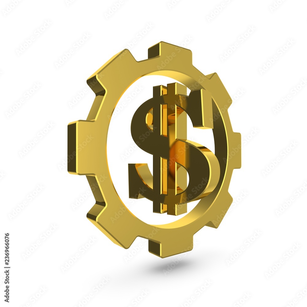 Golden gear with the USA dollar sign inside on white background. Golden gear with the USA dollar sign inside on white background.