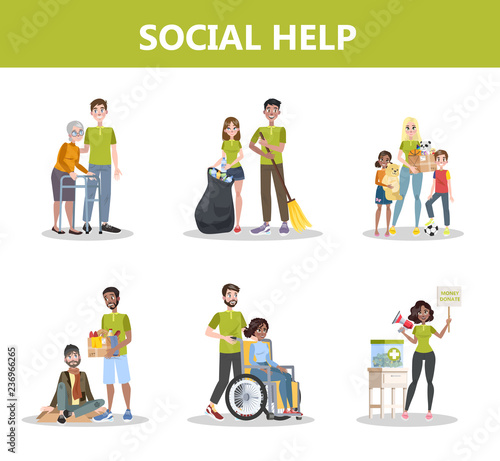 Volunteer help people set. Collection of charity