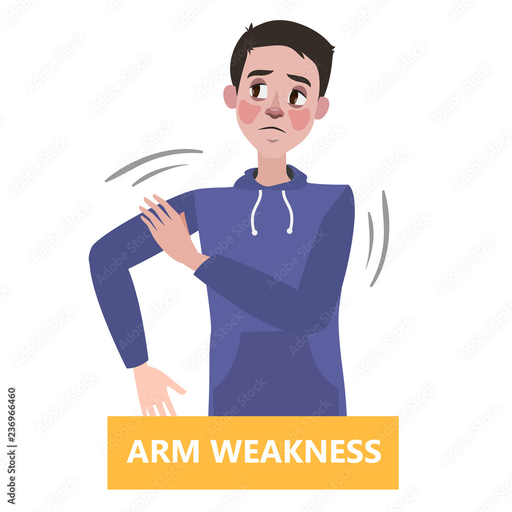 Sign of a stroke infographic. Man with arm weakness Stock Vector