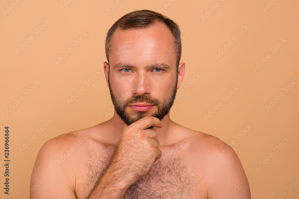 Fototapeta premium Portrait of nice lovely pensive bearded attractive handsome nude