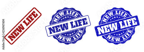 NEW LIFE grunge stamp seals in red and blue colors. Vector NEW LIFE signs with grunge style. Graphic elements are rounded rectangles, rosettes, circles and text tags.