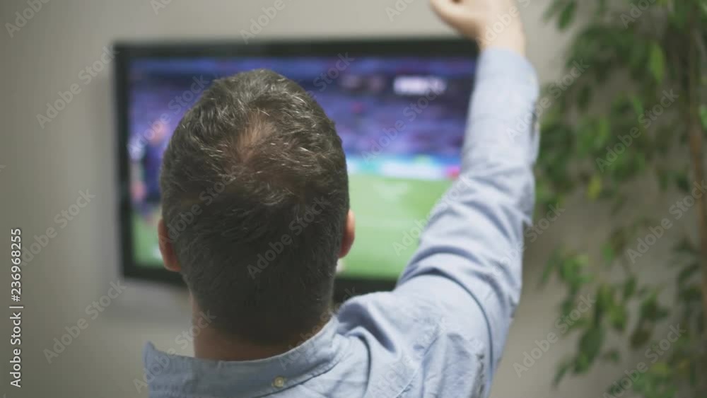 Goal! Man watching football match on television at home. Goal! Man watching football match on television at home.