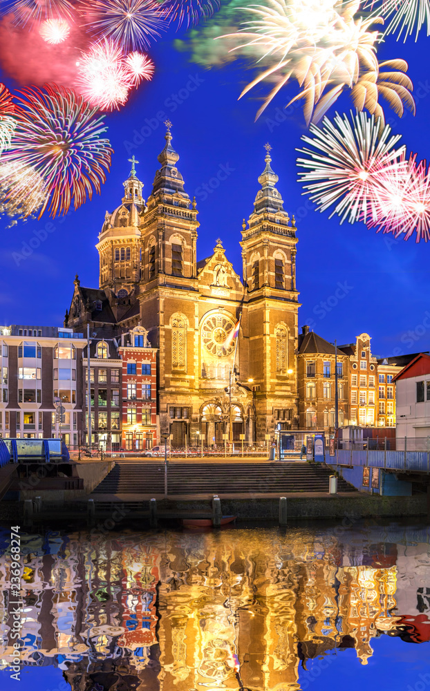 Fototapeta premium Amsterdam with firework (celebration of the New Year) in Holland
