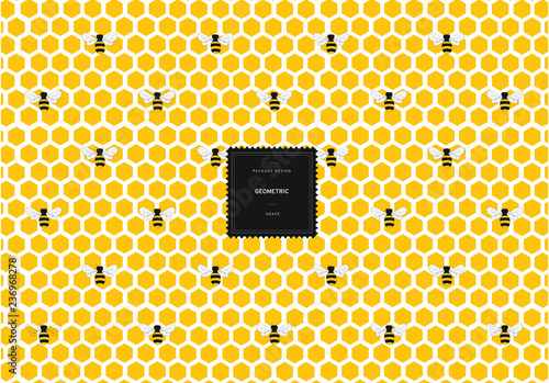 Hexagonal honeycomb pattern with bees for background and sticker with logo. Vector packaging design elements and templates. Honey. Bee.