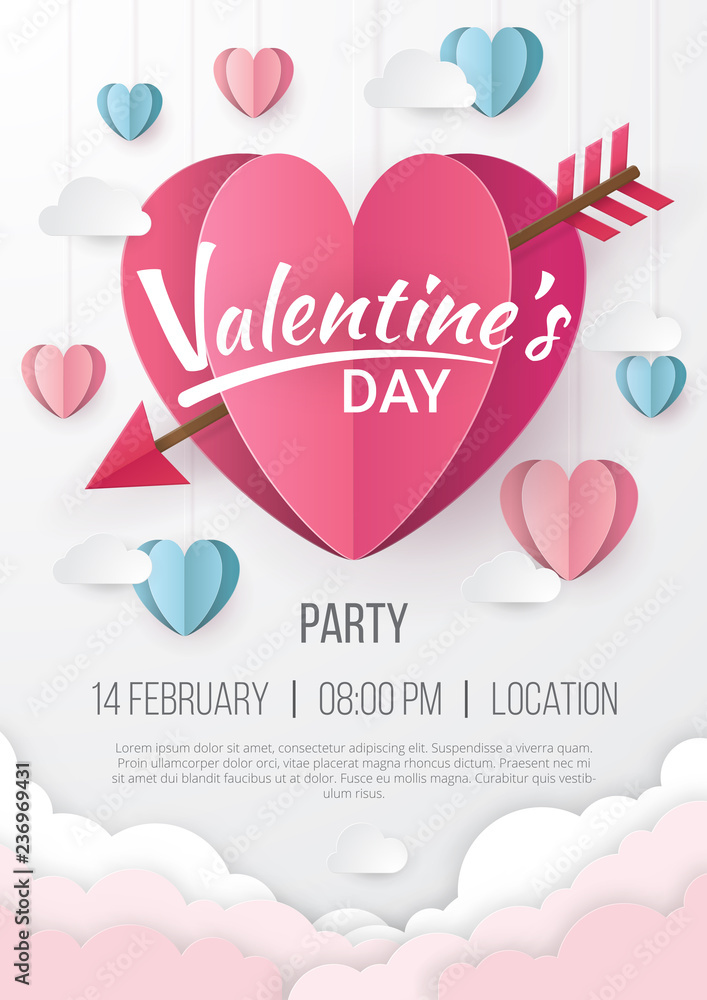 Valentines day party poster background with Heart paper cut style. Can be  used for Wallpaper, flyers, invitation, posters, brochure, banners. Vector  illustration. Stock Vector | Adobe Stock