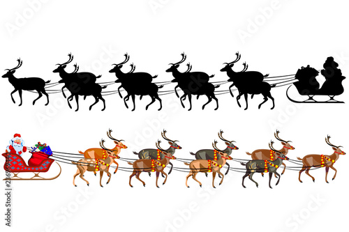 Santa Claus on a sleigh with reindeer, with a handful of gifts. Silhouette of santa claus.