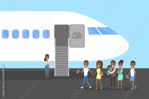 People stand at the plane in airport.