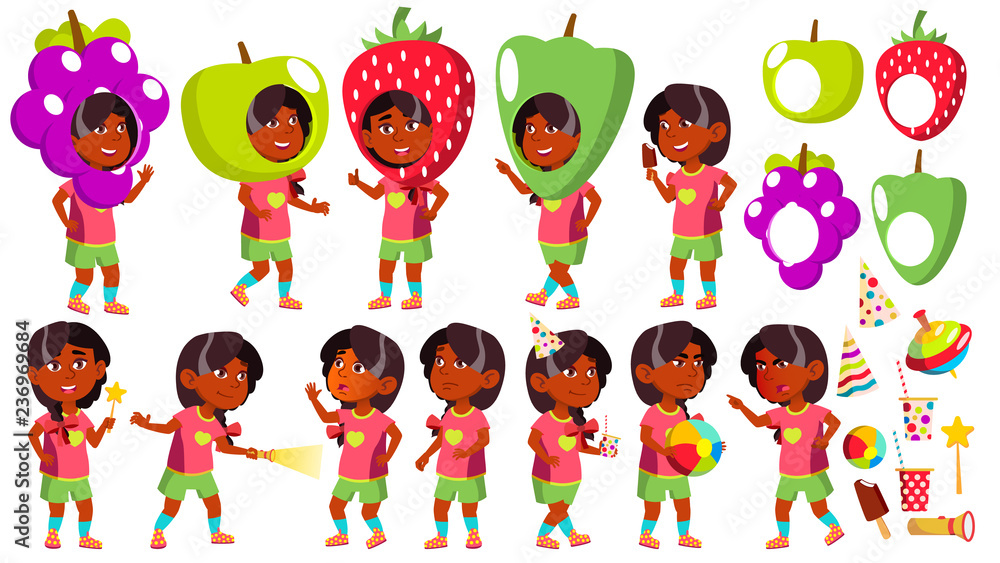 Fotografie Girl Kindergarten Kid Poses Set Vector