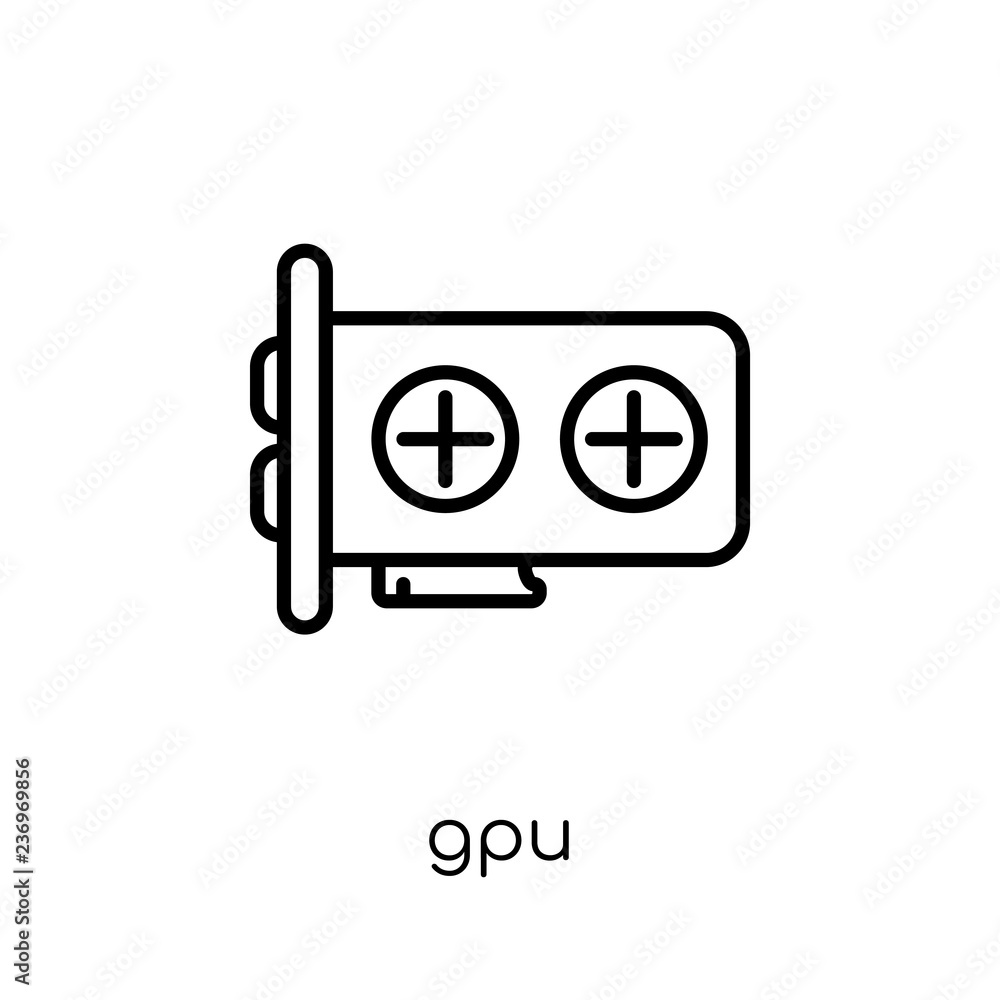 Gpu icon. Trendy modern flat linear vector Gpu icon on white background from thin line hardware collection Gpu icon. Trendy modern flat linear vector Gpu icon on white background from thin line hardware collection