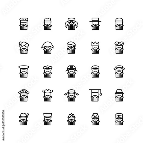 Twenty five  icons of men wearing different kinds of hats isolated on white background. Emoji and avatars flat style set.