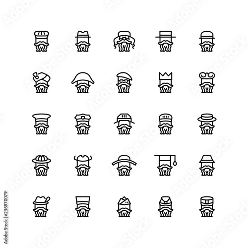 Twenty five  icons of men wearing different kinds of hats isolated on white background. Emoji and avatars flat style set.