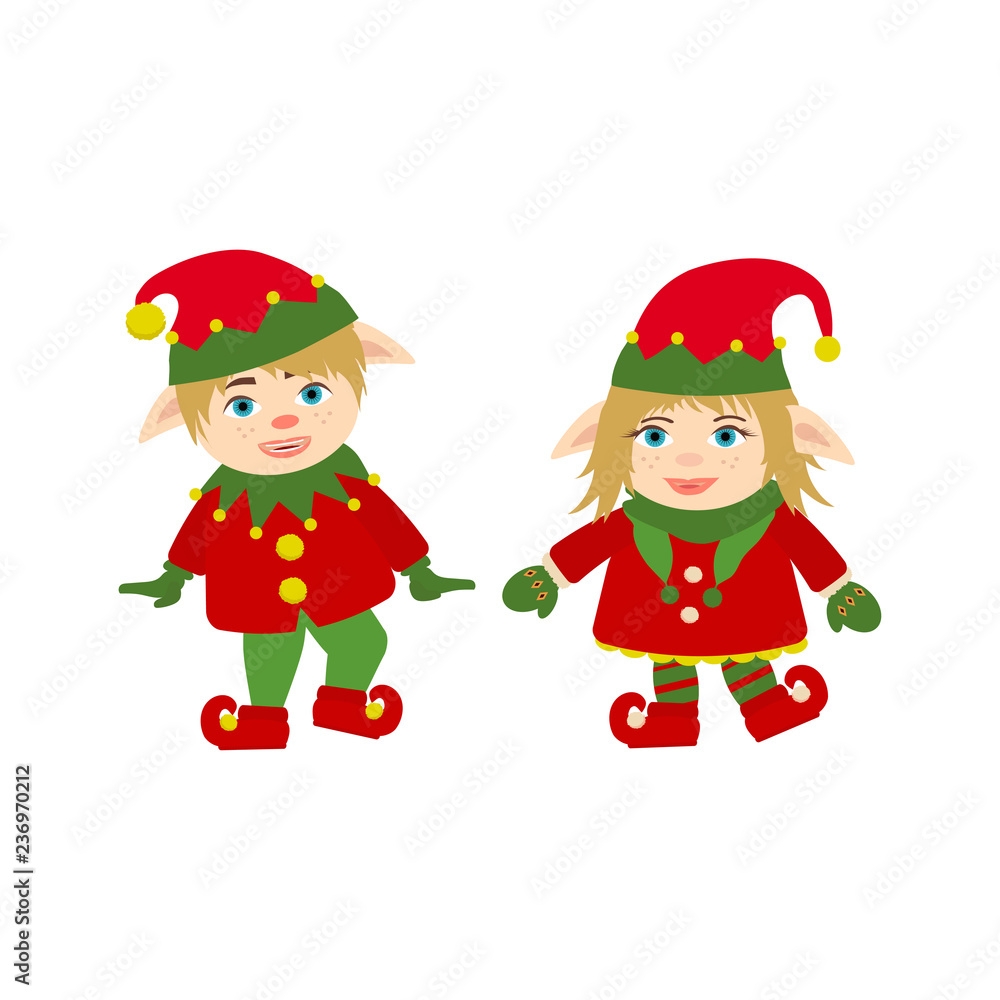 Set of cute and funny character Merry Christmas elfs girl and boy. Design element for congratulation card, banner, leaflet, poster. Cartoon style. Set of cute and funny character Merry Christmas elfs girl and boy. Design element for congratulation card, banner, leaflet, poster. Cartoon style.