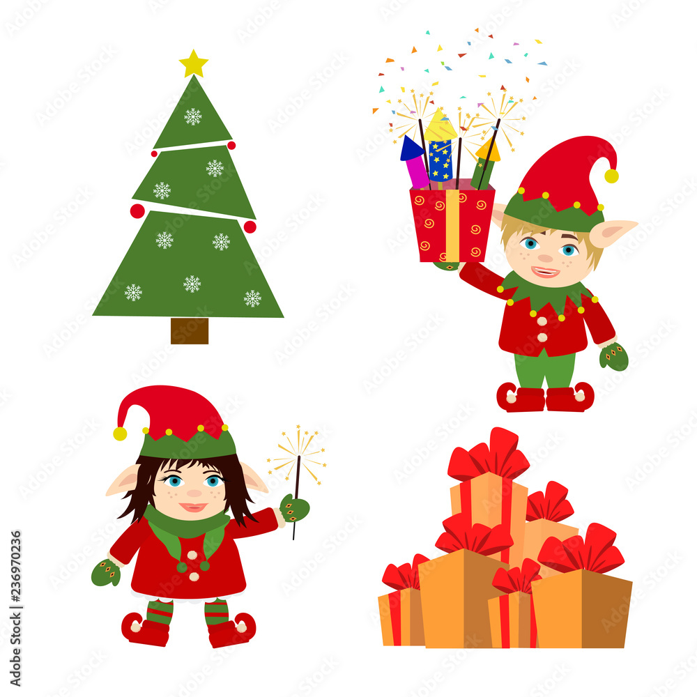 Set of Christmas elf , christmas tree, gift boxes. Design element for card, banner, leaflet, poster. Cartoon style.
