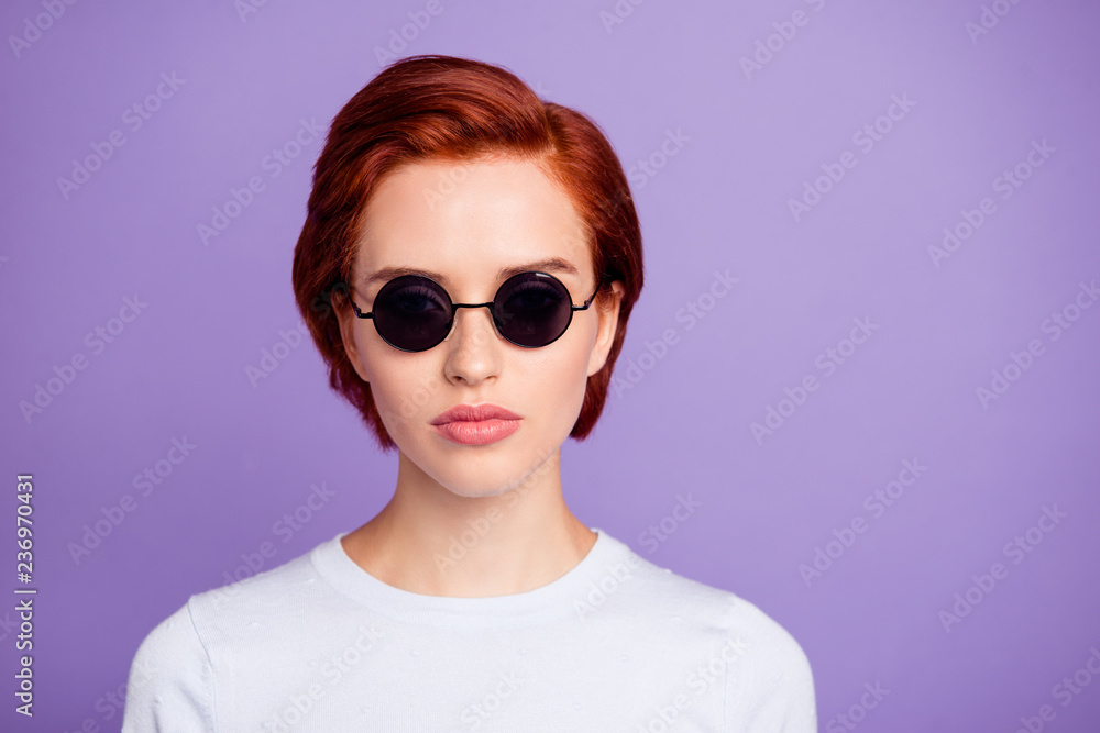 Close up portrait of deeply thinking charming she her girl in bl