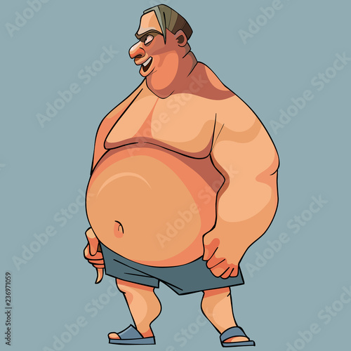 cartoon funny big fat man in shorts and shales