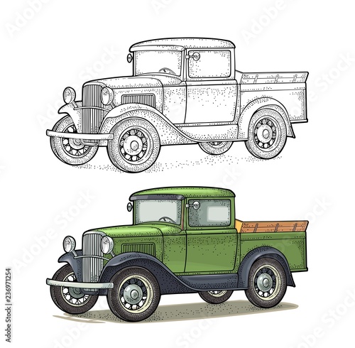 Retro pickup truck. Side view. Vintage black engraving