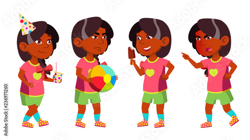 Girl Kindergarten Kid Poses Set Vector. Indian, Hindu. Asian. Pretty Positive Baby. Leisure. Playground. For Postcard, Announcement, Cover Design.Isolated Cartoon Illustration