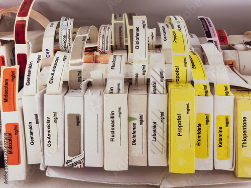 Intravenous drug labels - adhesive - to stick on syringe after drawing up the drugs - used in hospital to identify drugs and reduce risks. 