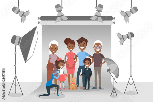 Happy family making photoshoot on the grey background
