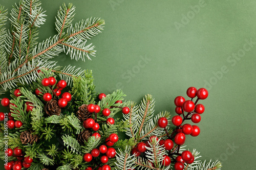 Christmas tree branches, pinecones and holly on corner of green background photo