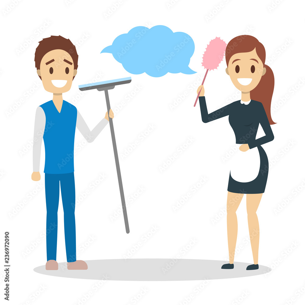 Male and female cleaner character in the uniform Male and female cleaner character in the uniform