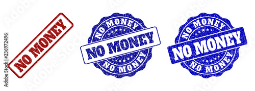 NO MONEY grunge stamp seals in red and blue colors. Vector NO MONEY labels with scratced texture. Graphic elements are rounded rectangles, rosettes, circles and text labels.