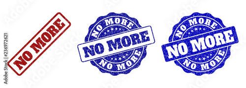 NO MORE grunge stamp seals in red and blue colors. Vector NO MORE watermarks with grunge surface. Graphic elements are rounded rectangles, rosettes, circles and text titles.