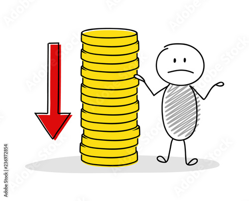 Sad stickman showing money stack. Vector.